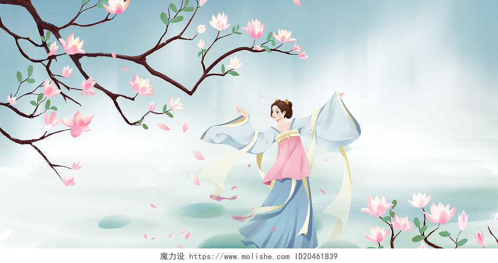 蓝色水墨画古风中国风传统汉服女子人物跳舞创意展板背景汉服背景